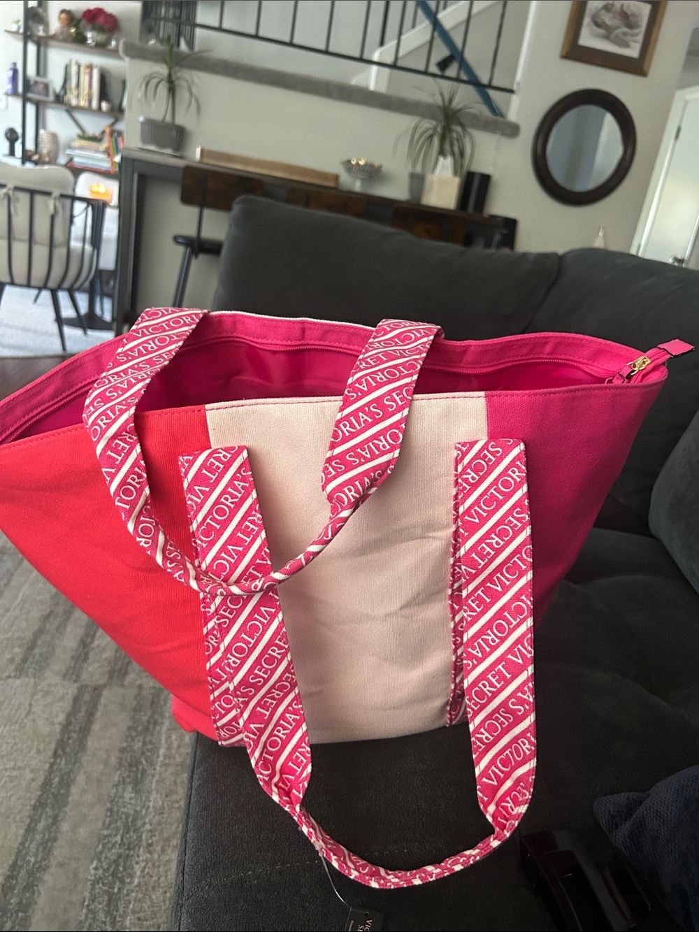 Victoria's Secret Hot Pink, pink & Cream Canvas Tote